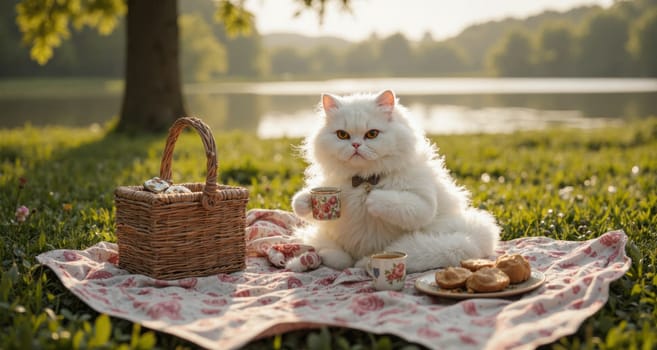 A white cat is sitting on a blanket with a basket of food and a cup. The cat is wearing a bow tie and he is enjoying a picnic