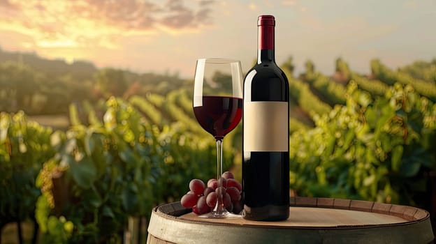 A glass of red wine rests beside a wine bottle on a barrel, with lush vineyards illuminated by the warm glow of a sunset in the background, creating a serene and inviting atmosphere.