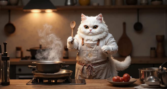 A cat is cooking in a kitchen with a pot of boiling water on the stove. The cat is wearing an apron and holding a spoon. The scene is playful and lighthearted, as the cat is not a human but a cat