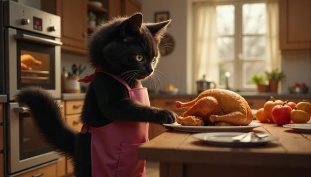 A black cat in a pink apron is standing in front of a plate of turkey. The cat is wearing an apron and he is preparing to eat the turkey. The scene is set in a kitchen, with various kitchen appliances