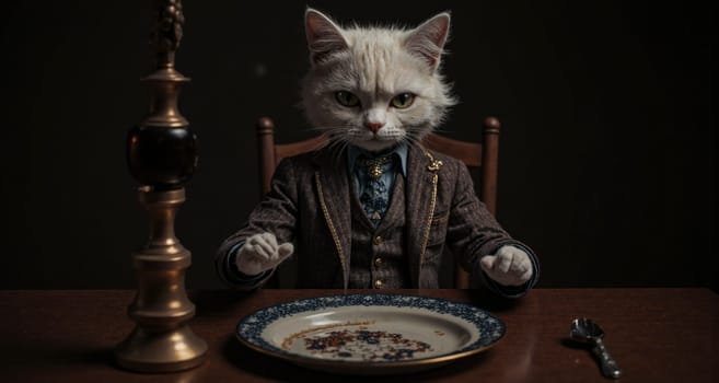 A cat is sitting at a table with a plate of food in front of it. The cat is wearing a suit and tie, giving the impression that it is a human. The scene is set in a dark room