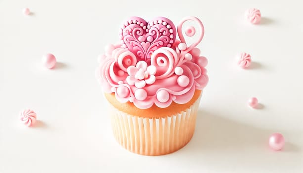 A single cupcake with pink fondant decorations on a white plain background. It is topped with a beautifully crafted pink fondant rose surrounded by intricate patterns and small edible pearls in varying shades of pink, giving it an elegant and sophisticated appearance.