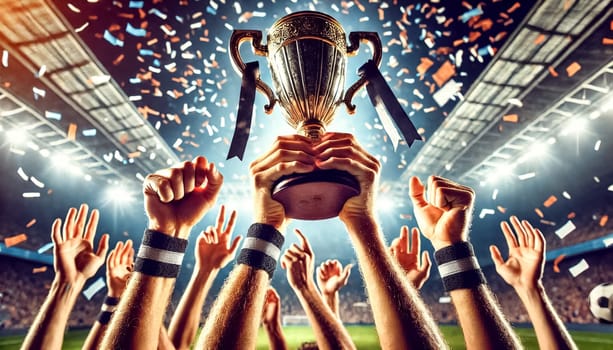 Soccer players' hands tightly grip a championship trophy, with confetti in the background. Bright stadium lights and sweatbands create a dramatic effect.