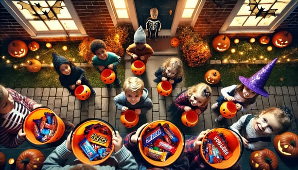 Photograph of children in costumes holding Halloween buckets filled with unbranded candies, captured from various unique perspectives. One image features a ground-level perspective looking up at the kids, highlighting their colorful costumes and excited faces. The other image shows an extreme close-up of their candy-filled buckets. Backgrounds include spooky Halloween decorations like carved pumpkins, cobwebs, and ghost decorations, softly lit by streetlights.