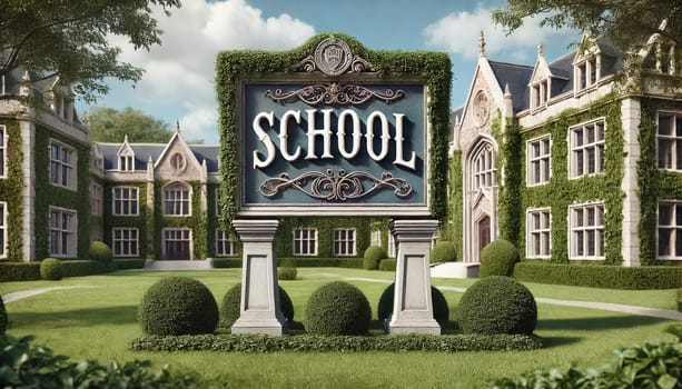 Grand, formal school sign made of stone and metal stands in front of an ivy-covered prestigious academy. Elegant, classical letters spell 'School' amid neatly manicured lawns, tall trees, and a bright sky.