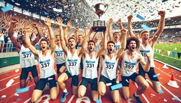 A close-up shot captures a track and field team celebrating their championship victory with confetti in the air. Athletes hold the trophy high, with joy and excitement on their faces. The running track and cheering spectators in the background enhance the festive atmosphere.