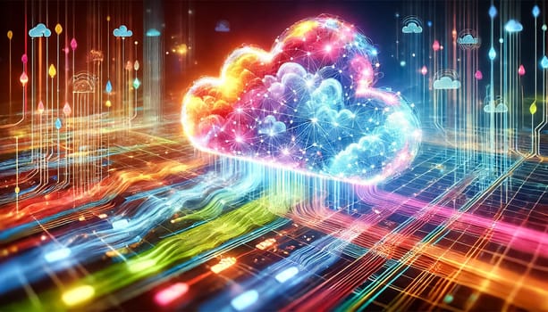 Abstract image of cloud computer networking with interconnected cloud shapes and luminous neon data streams. Complex network patterns represent the dynamic flow of digital information.