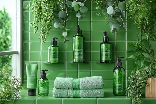 A wellness-focused beauty corner displays green bottles and towels surrounded by lush greenery, promoting relaxation and self-care.