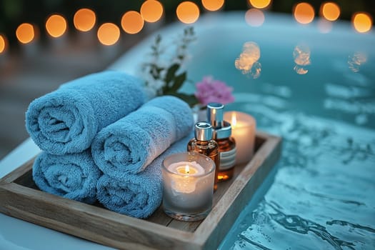 Relax in a soothing setting featuring rolled towels, scented oils, and candles beside a tranquil pool, perfect for unwinding after a long day.