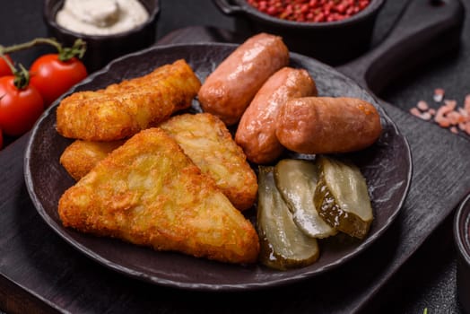 Hash browns with potatoes and onions, salt and spices on a dark concrete background