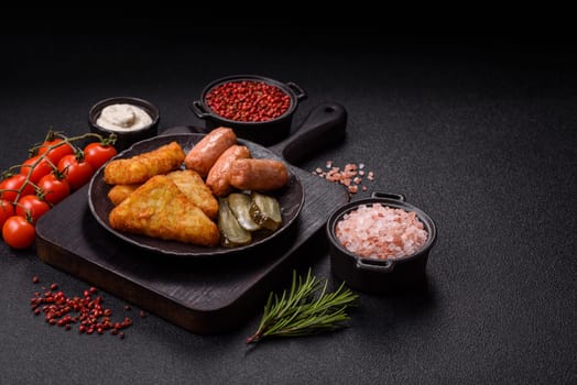 Hash browns with potatoes and onions, salt and spices on a dark concrete background