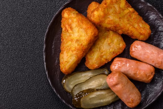 Hash browns with potatoes and onions, salt and spices on a dark concrete background