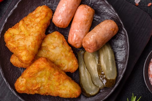 Hash browns with potatoes and onions, salt and spices on a dark concrete background