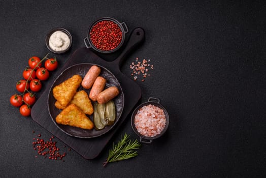 Hash browns with potatoes and onions, salt and spices on a dark concrete background