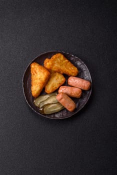 Hash browns with potatoes and onions, salt and spices on a dark concrete background