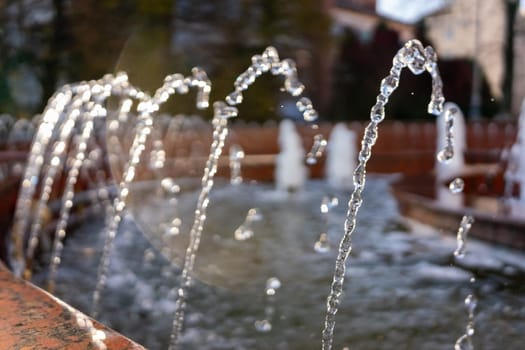Water streams gracefully arc from the fountain, glistening in sunlight. Surrounding plants and trees create a serene atmosphere, inviting visitors to relax and enjoy the beauty.