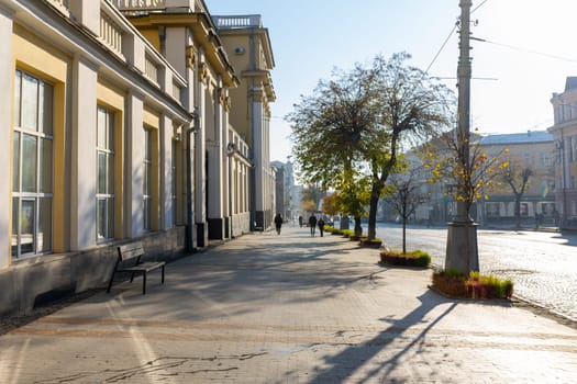 A bright sunny autumn day in a vibrant urban area, showcasing pedestrians strolling along a tree-lined sidewalk. The sun casts long shadows, enhancing the tranquil atmosphere. Ukraine, Vinnytsia, 2021.01.15