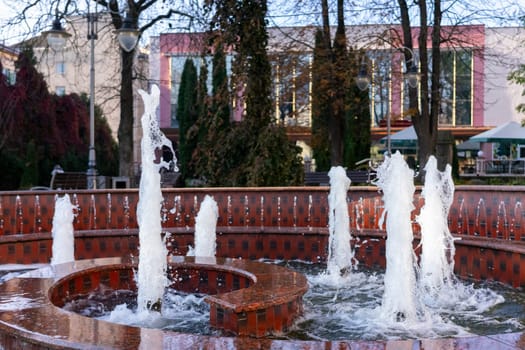 The vibrant fountain showcases multiple streams of water shooting upwards in a circular basin. Surrounding trees provide shade, and a building can be seen in the background. Ukraine, Vinnytsia, 2021.01.15