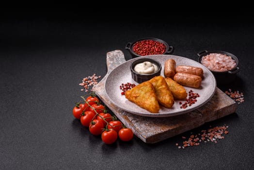 Hash browns with potatoes and onions, salt and spices on a dark concrete background