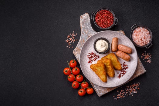 Hash browns with potatoes and onions, salt and spices on a dark concrete background
