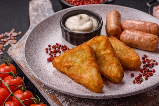 Hash browns with potatoes and onions, salt and spices on a dark concrete background