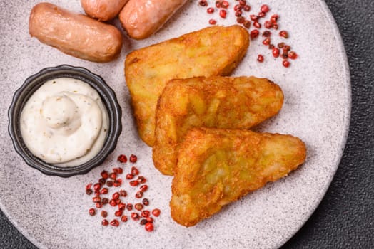 Hash browns with potatoes and onions, salt and spices on a dark concrete background