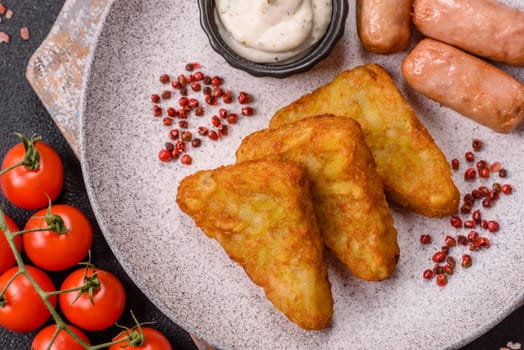 Hash browns with potatoes and onions, salt and spices on a dark concrete background