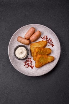 Hash browns with potatoes and onions, salt and spices on a dark concrete background