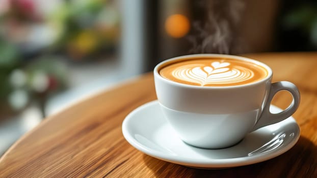 Elegant cup of cappuccino with latte art in the form of hearts on the foam served on wooden table with sunlight in coffee shop atmosphere.