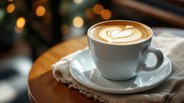 Elegant cup of cappuccino with latte art in the form of hearts on the foam served on wooden table with sunlight in coffee shop atmosphere.