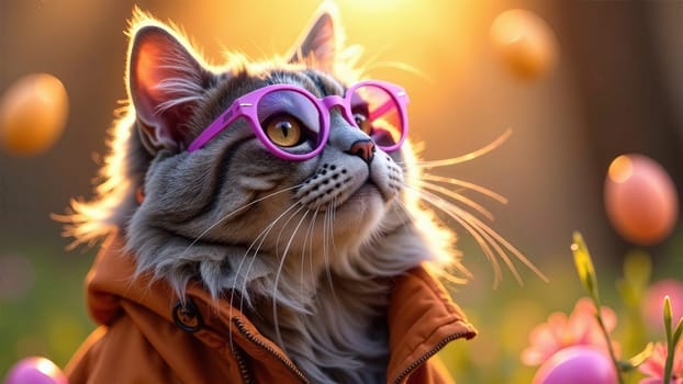 Trendy Cat in Sunglasses and Orange Hoodie Sits Calmly in Front of a Scenic Sunset with Easter eggs on background