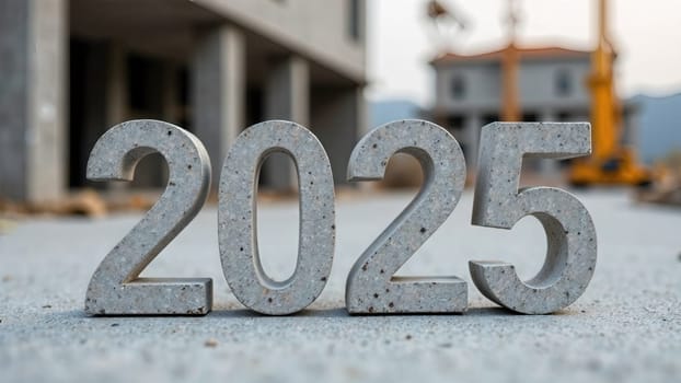 Concrete block numbers 2025 on blurred construction site background.