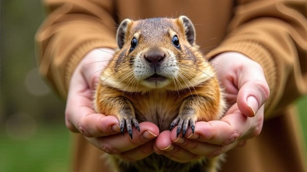 Hands holding cute groundhog and asking about future weather. Groundhog day.