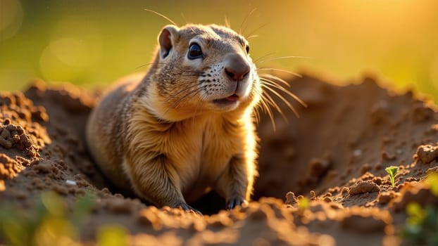 Cute groundhog peeks out of his burrow in the golden evening light. Groundhog day.