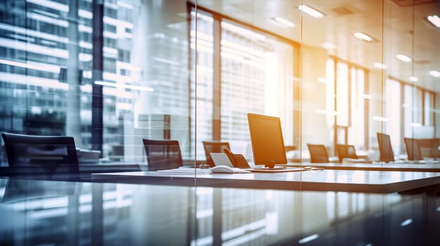 An empty modern office workspace features a sleek desk with a computer, surrounded by large windows letting in natural light. The ambiance is calm and inviting - Generative AI