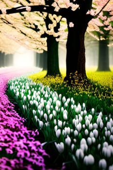 spring march flowers nature trees forest beauty white tulips violet purple fantasy landscape art background . High quality photo frame illustration alt