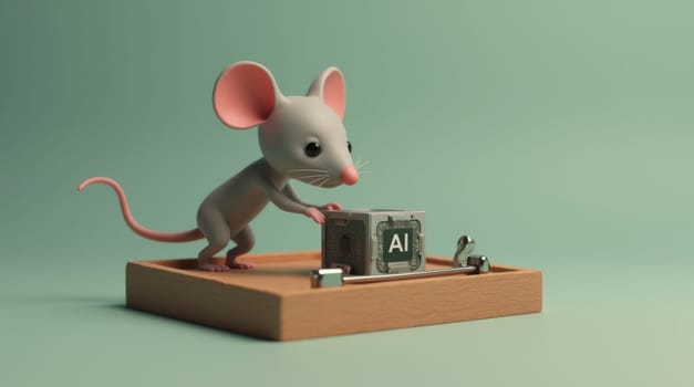 A 3D-rendered image shows a cute, cartoon mouse examining a cube labeled 'AI' that sits on a simple wooden device. The scene is set against a muted green background.