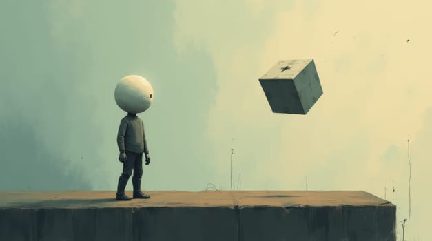 A surreal scene depicts a small, humanoid figure with an ovular head standing on a platform, gazing at a large cube floating in the muted sky. The setting is barren and atmospheric.