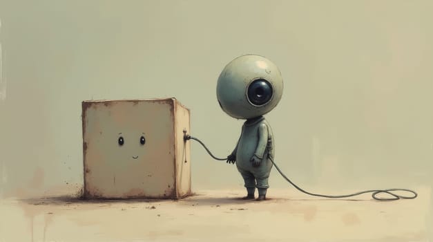 Digital painting of a whimsical scene depicting a small, round-headed robot connecting a cord to a cube with a painted-on face. The setting is a barren, sandy landscape, suggesting isolation.