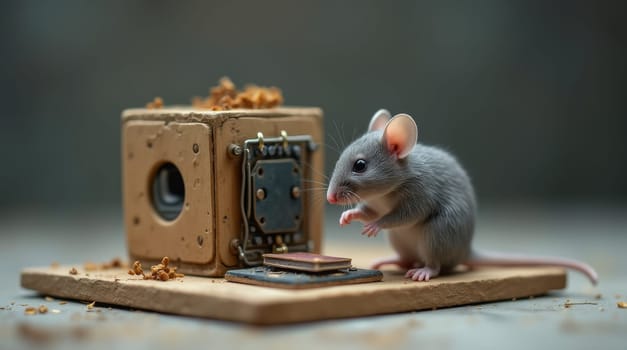 A gray mouse stands on a miniature wooden platform next to a small, box-like device. The scene is set against a blurred gray background. The overall mood is one of curiosity and gentle exploration.