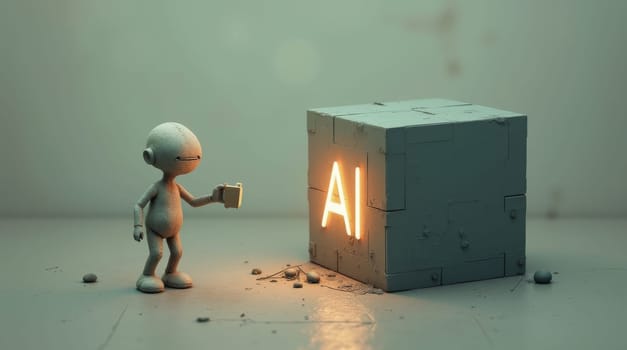 A 3D-rendered scene depicts a simplified humanoid figure examining a cube marked with illuminated 'AI' lettering. The setting is minimalistic, emphasizing the interaction between the figure and the AI representation.