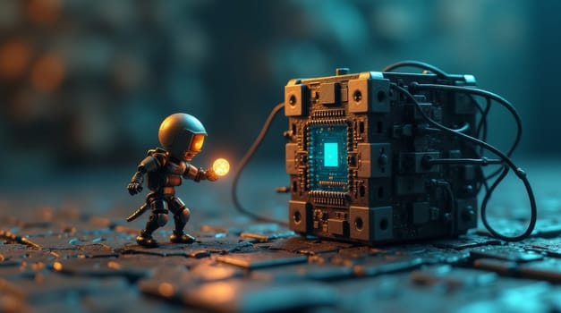 A small, robotic astronaut figure presents a glowing sphere to a large, intricate technological cube. The setting appears to be a dark, metallic surface, suggesting a futuristic or sci-fi context.