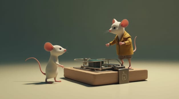 A 3D-rendered scene depicts two small, white mice interacting with a classic wooden mousetrap. One mouse stands on the trap, while another watches from a safe distance.