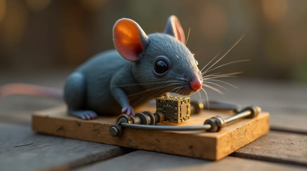 A 3D-rendered image depicts a gray mouse on a classic wooden mousetrap. The mouse seems intrigued by a tiny, complex mechanism.