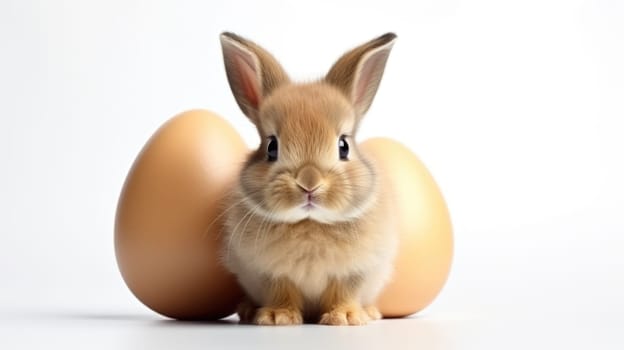 Studio shot of a cute bunny with Easter eggs on a white background.