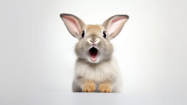 Surprised Funny Cute Bunny with Big Eyes on Light Background, Cute Animal Portrait.