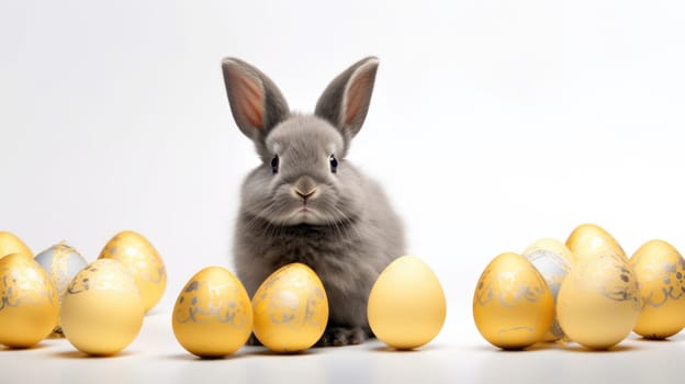A charming small gray rabbit surrounded by shiny gold and silver Easter eggs on a bright white background. The rabbit is gazing directly at the camera, adding a touch of whimsy to the festive scene.