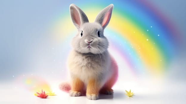 A fluffy white bunny joyfully leaps on white clouds under the bright sun, capturing natures beauty and the bunnys innocence, bringing joy and wonder.