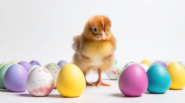 An adorable fluffy yellow baby chick stands in front of a pile of colorful Easter eggs. The chick is looking at the camera with a curious expression. It is isolated on a white background.