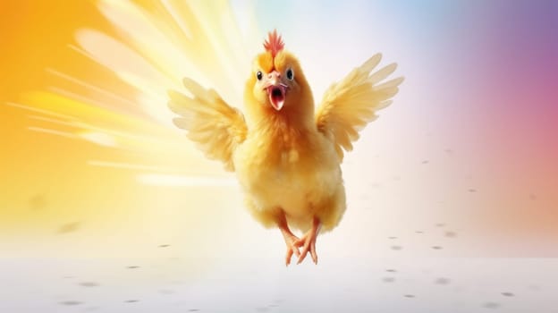 Vibrant chicken flying with colorful rainbow feathers in the sky on bright background.